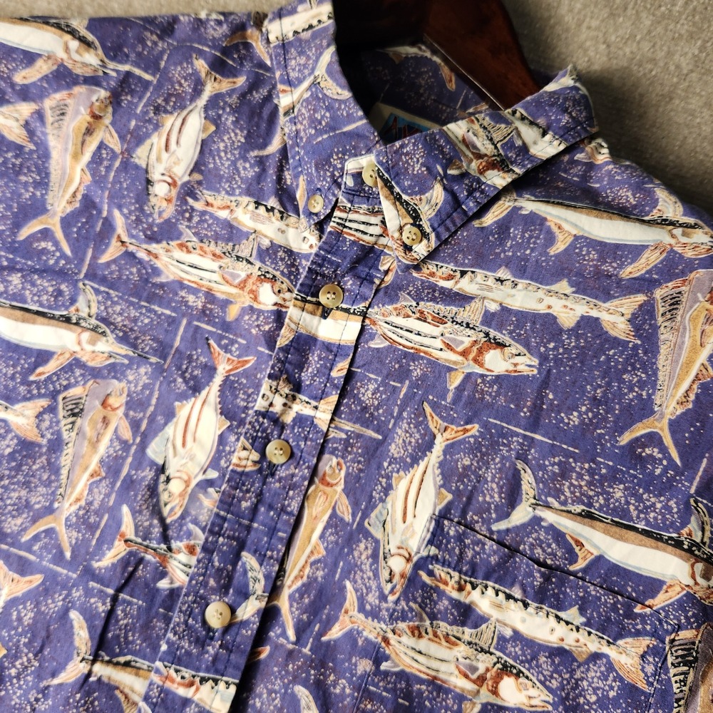 Kahala AVI Collection Shirt Mens XL Purple Blue Fish‎ Print Cotton Hawaiian SS